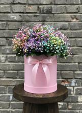 Цветочная композиция из Гипсофила и Розы в шляпной коробке в Новозавидовский