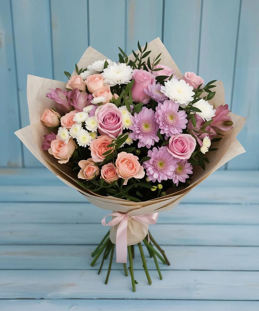 Букет цветов из: Хризантемы, Розы и Альстромерии в Новозавидовский