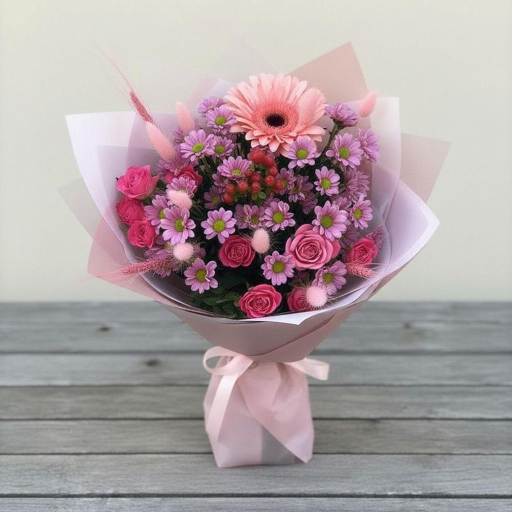 Букет цветов из: Розы, Герберы и Хризантемы в Новозавидовский