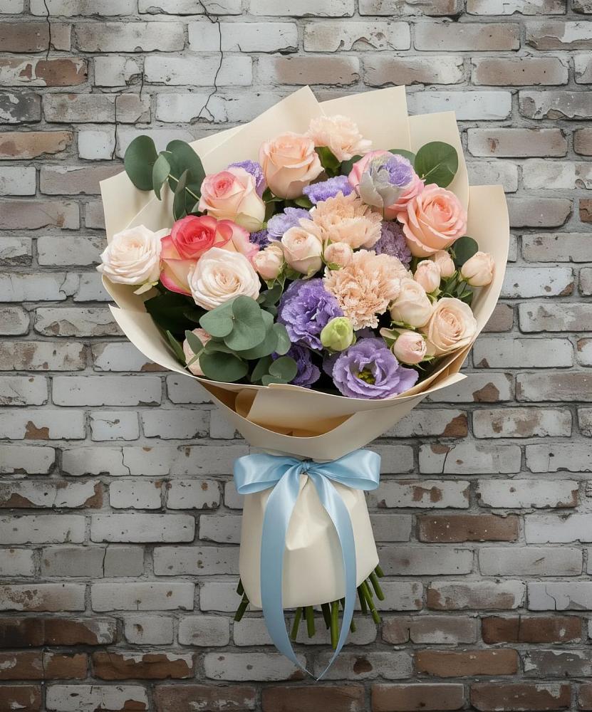 Букет цветов из: Розы, Лизиантусы и Гвоздики в Новозавидовский