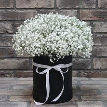 Цветочная композиция из Гипсофила в шляпной коробке в Новозавидовский