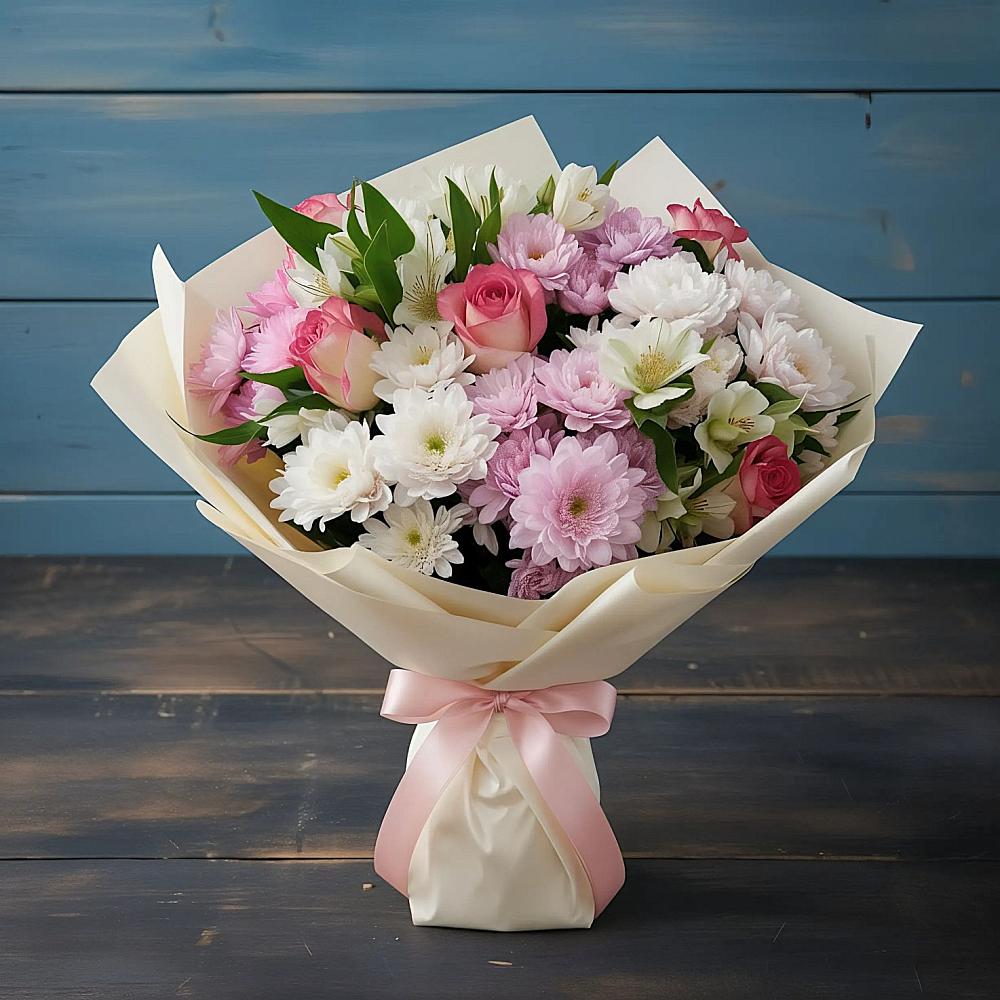 Букет цветов из: Хризантемы, Альстромерии и Розы в Новозавидовский